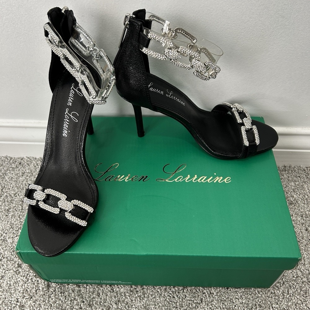 Lauren Lorraine Farla Black Embellished Kitten Heels Size 7.5M Black Stiletto